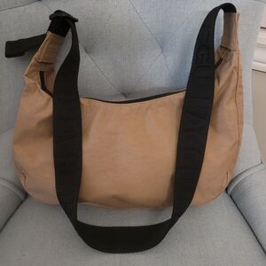 Baggu Medium Nylon Crescent Tan Shoulder Bag with Black Strap